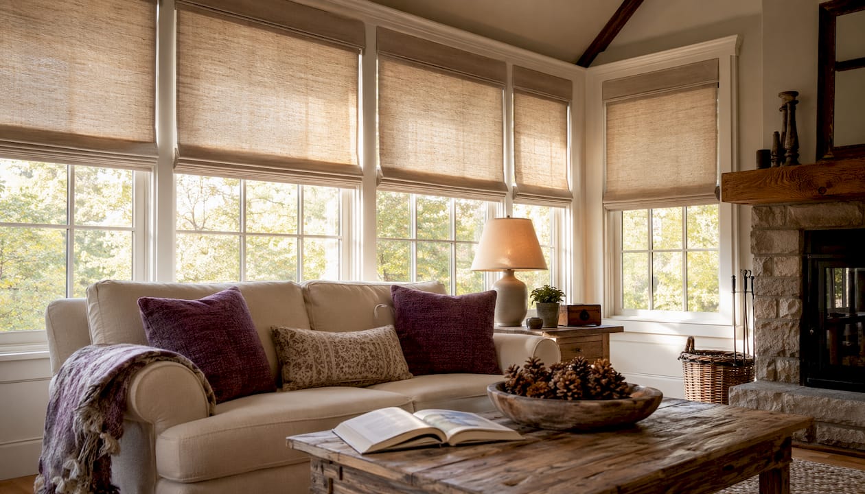 Living room with motorized cellular shades