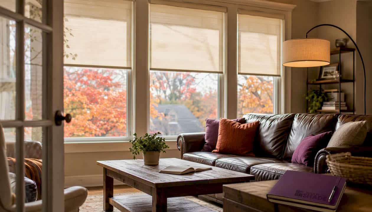 Living room with solar roller shades filtering sunlight