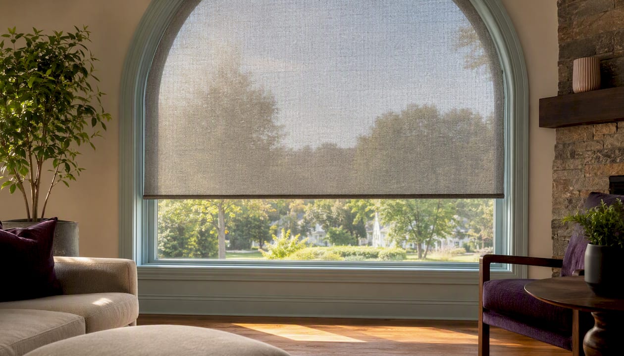 Close-up of solar shade fabric texture on window