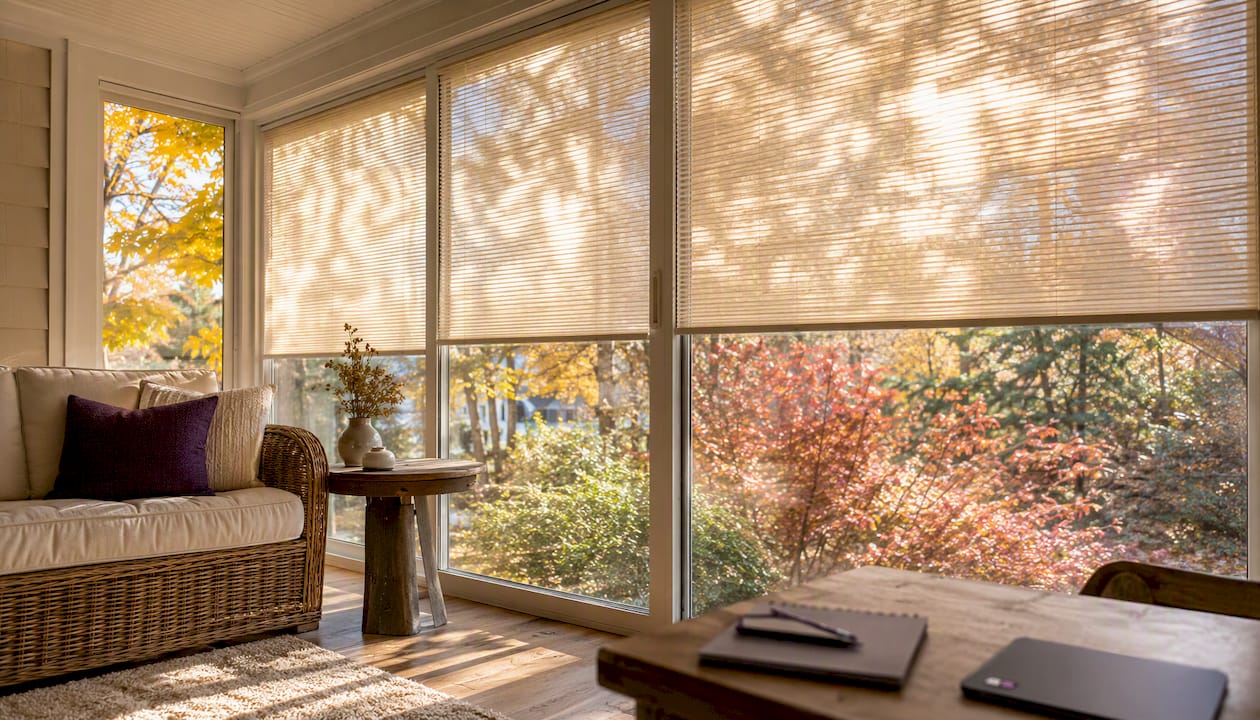 Sunroom with UV blocking patio roller shades