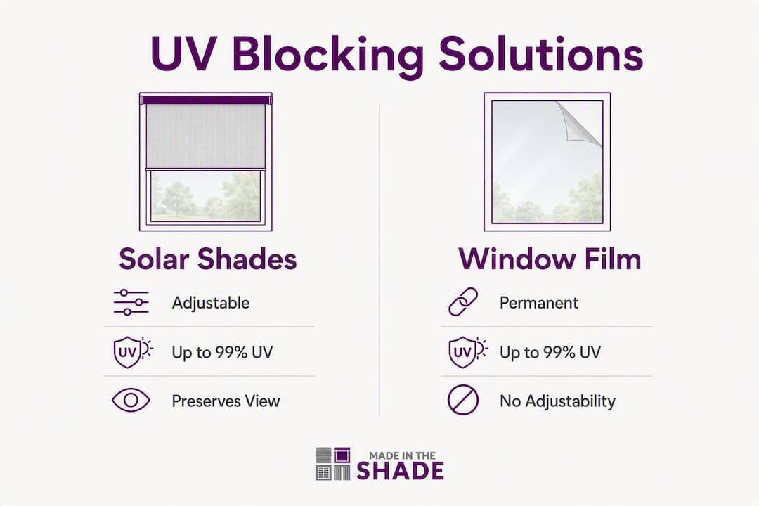 Infographic comparing solar shades and window film benefits