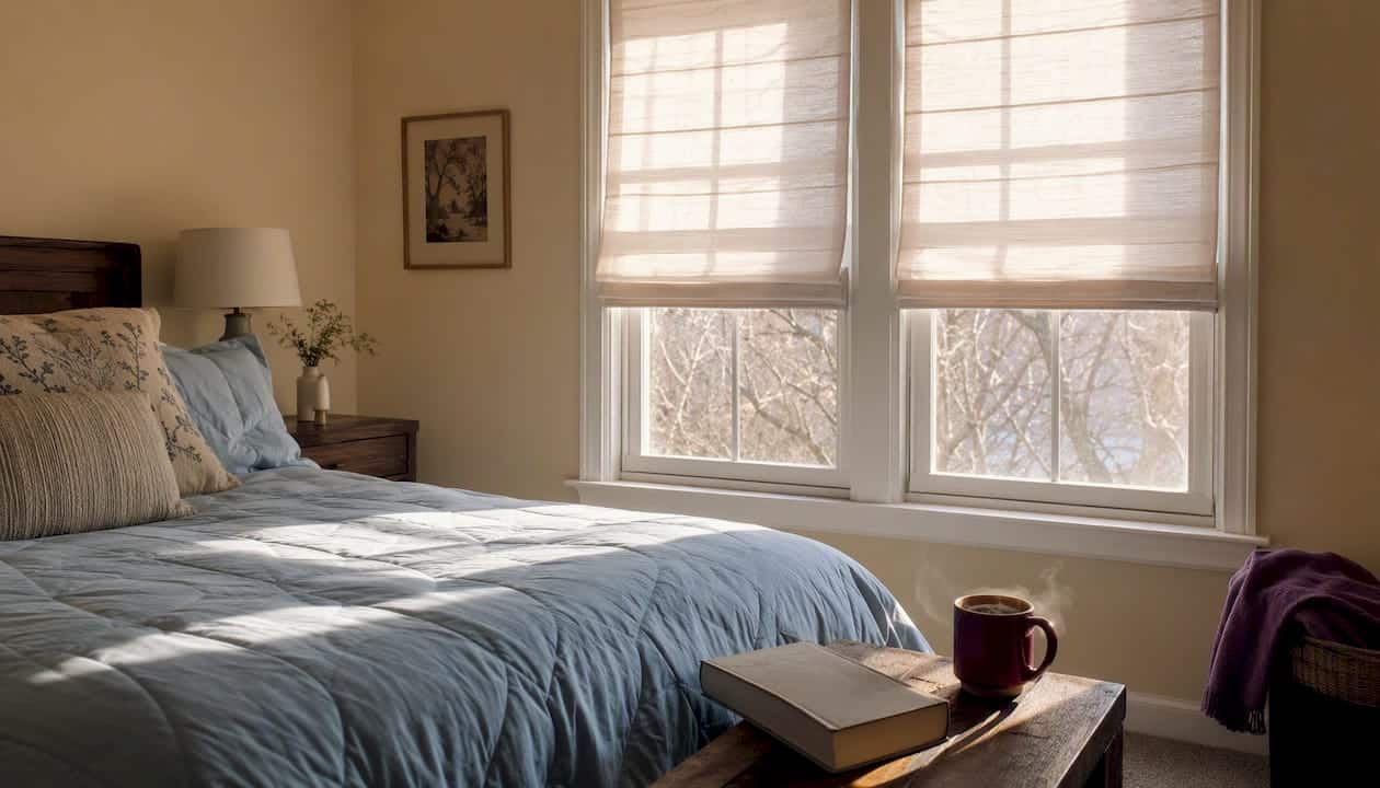 Bedroom window with white cellular shades and sunlight