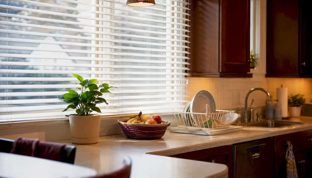 Kitchen window with vinyl blinds and natural light