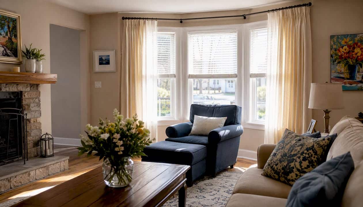 Custom roller shades on living room window
