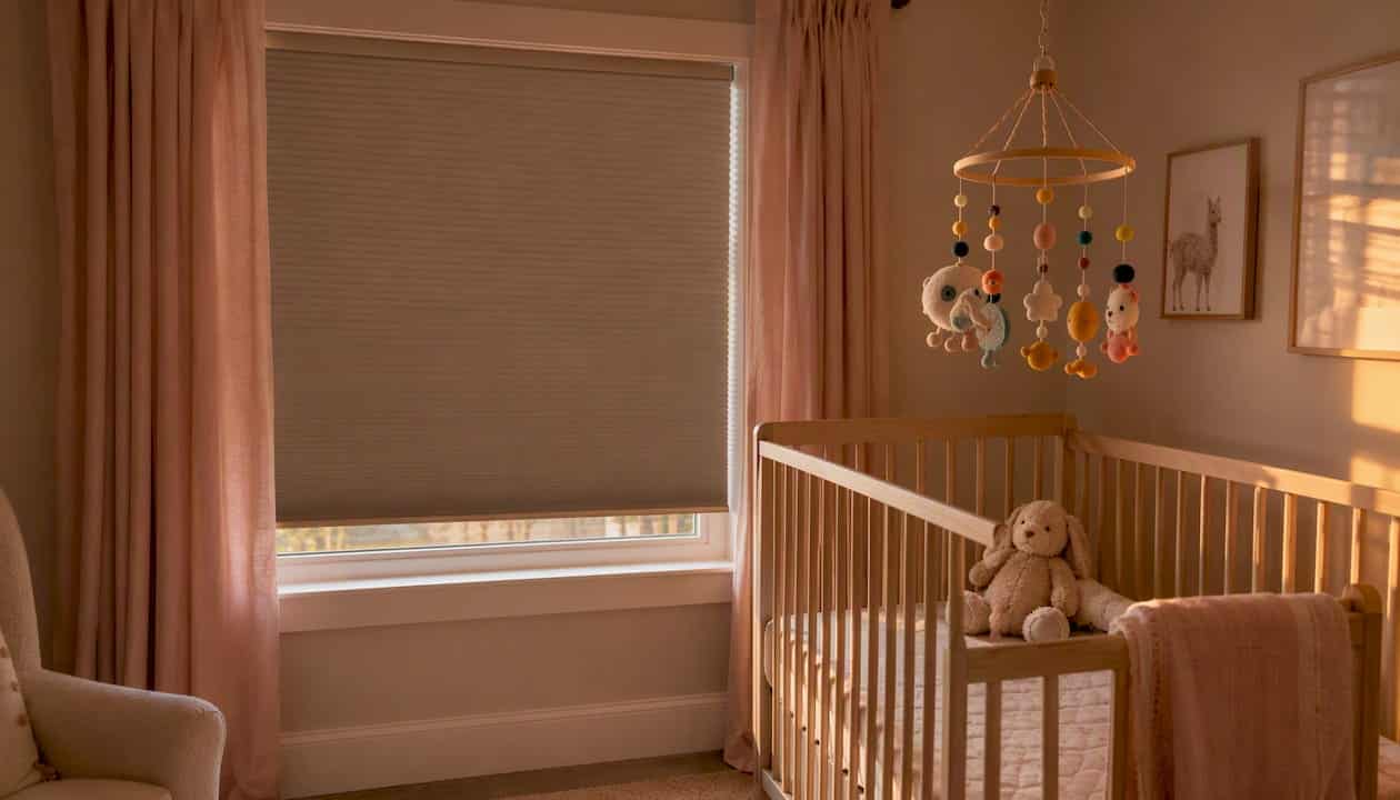 Nursery window with cordless blackout shade and crib