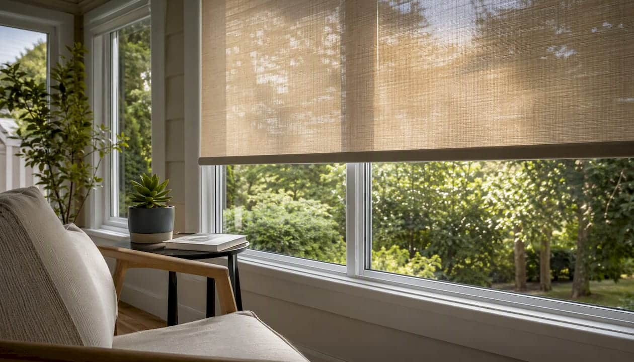 Suburban home office window with solar shades filtering light