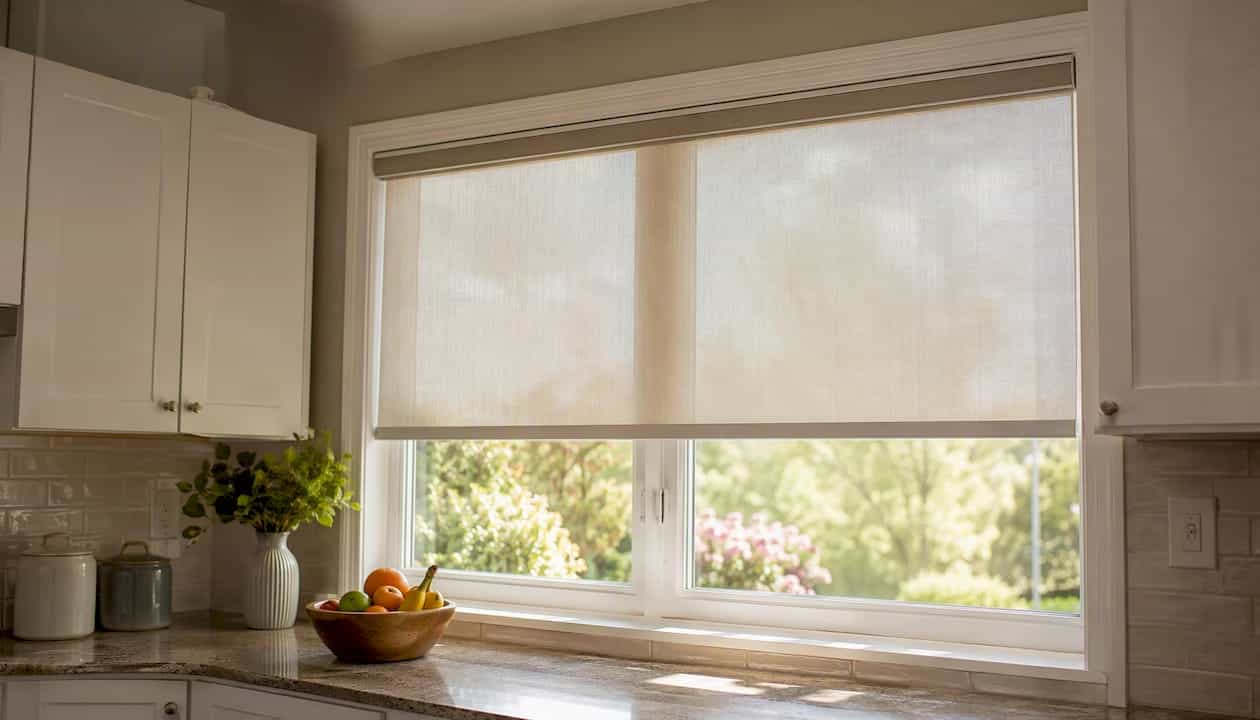 Motorized cordless solar shades installed in home window