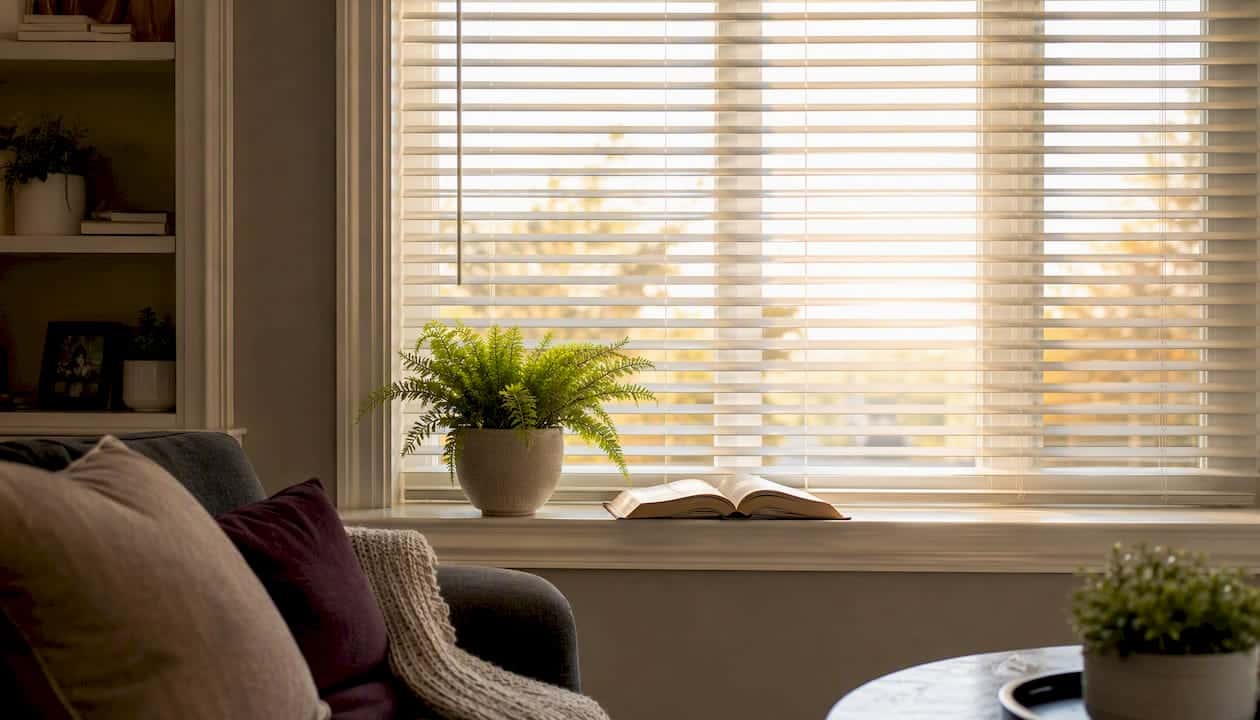 Home window with adjustable blinds partially closed