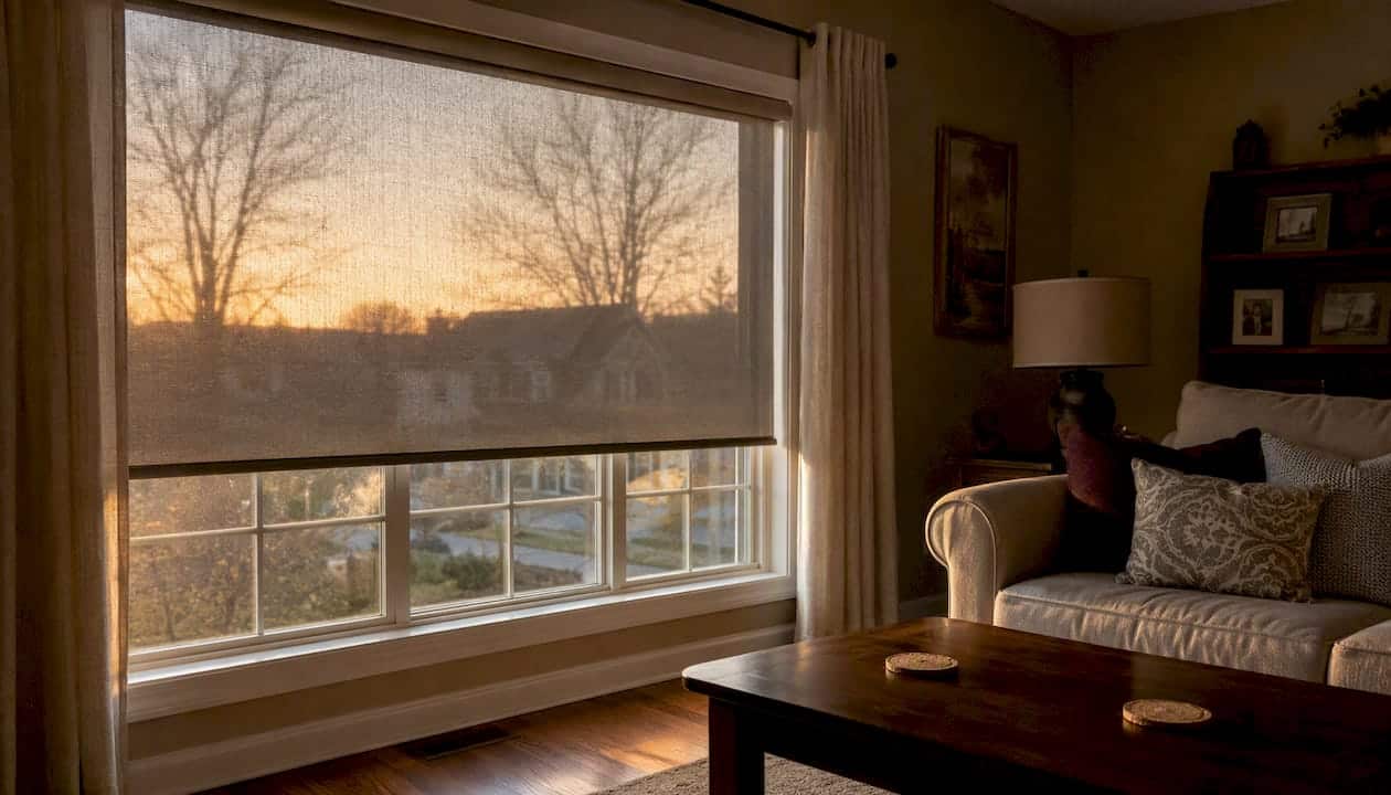 Living room window with 5% solar roller shade filtering sunlight