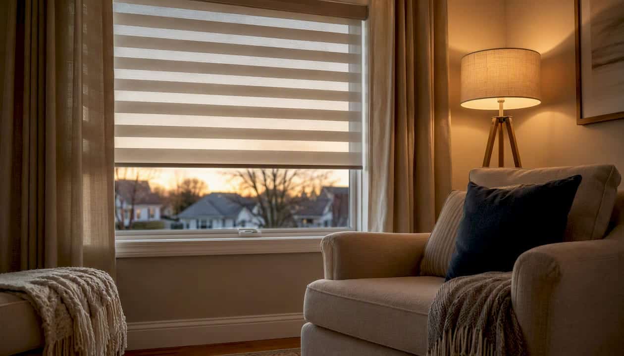 Suburban dining room window with solar shade at twilight