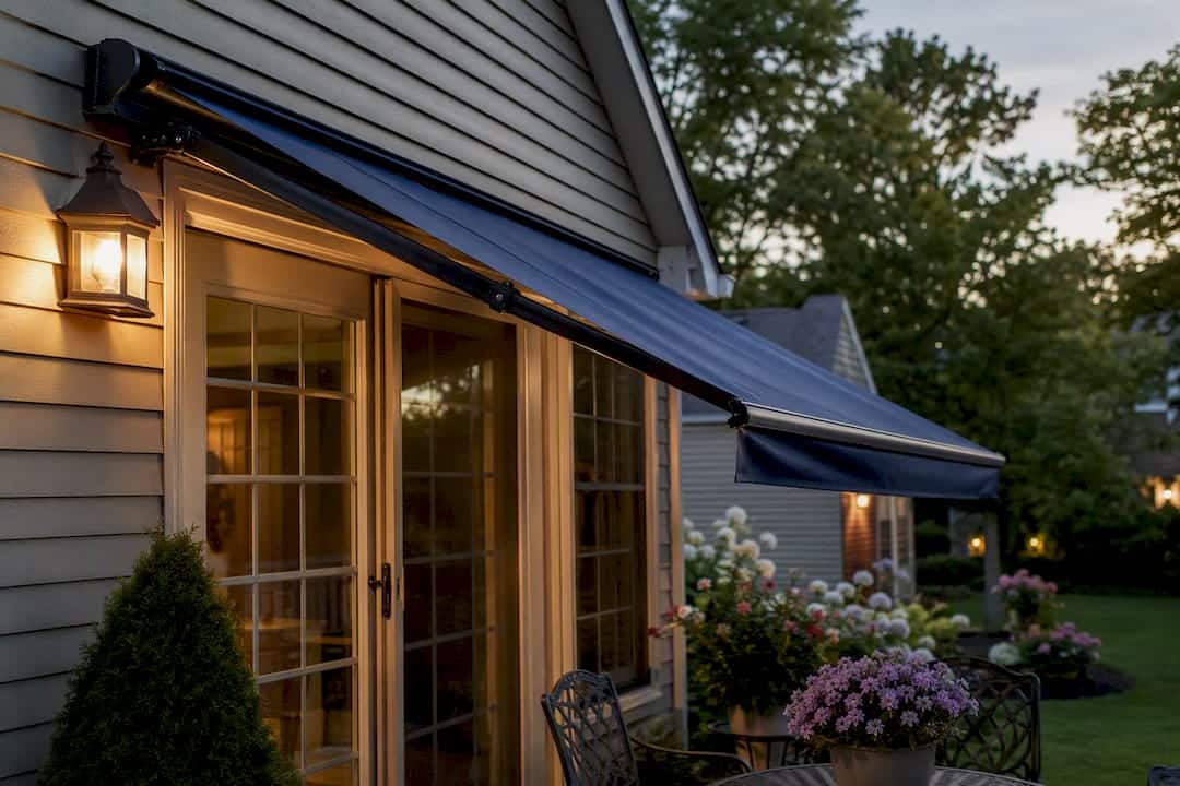 Retractable awning on suburban home exterior