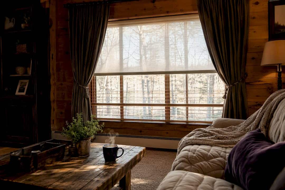 Layered window treatments for privacy in living room