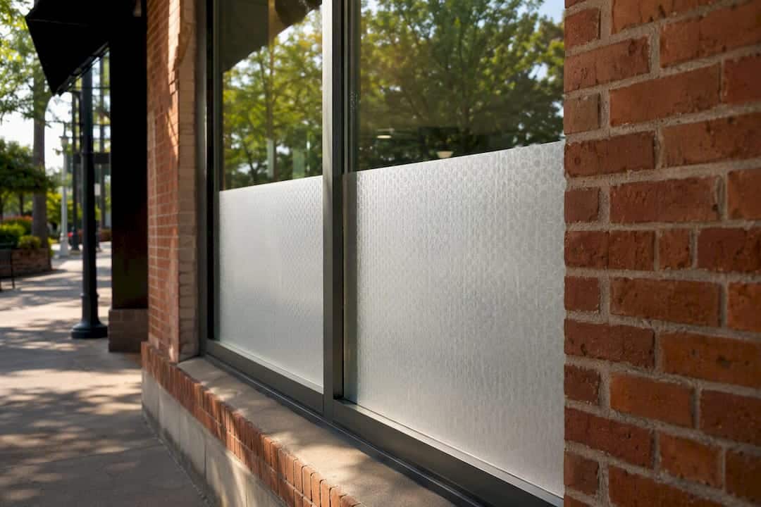 Commercial storefront window with frosted privacy film