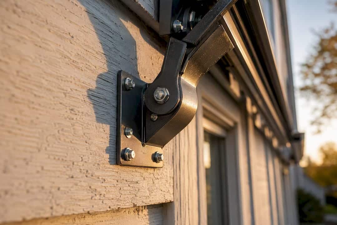 Awning mounting bracket attached to wood siding