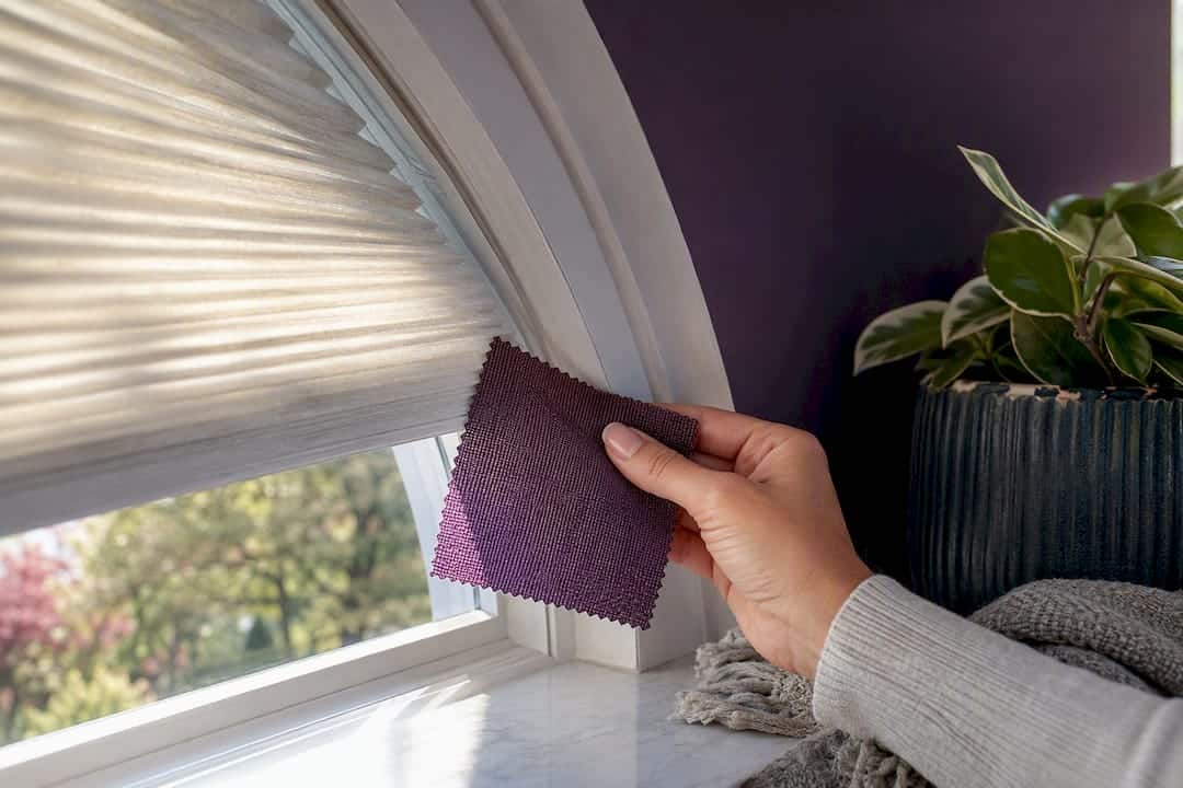 Fabric sample held beside an arched window