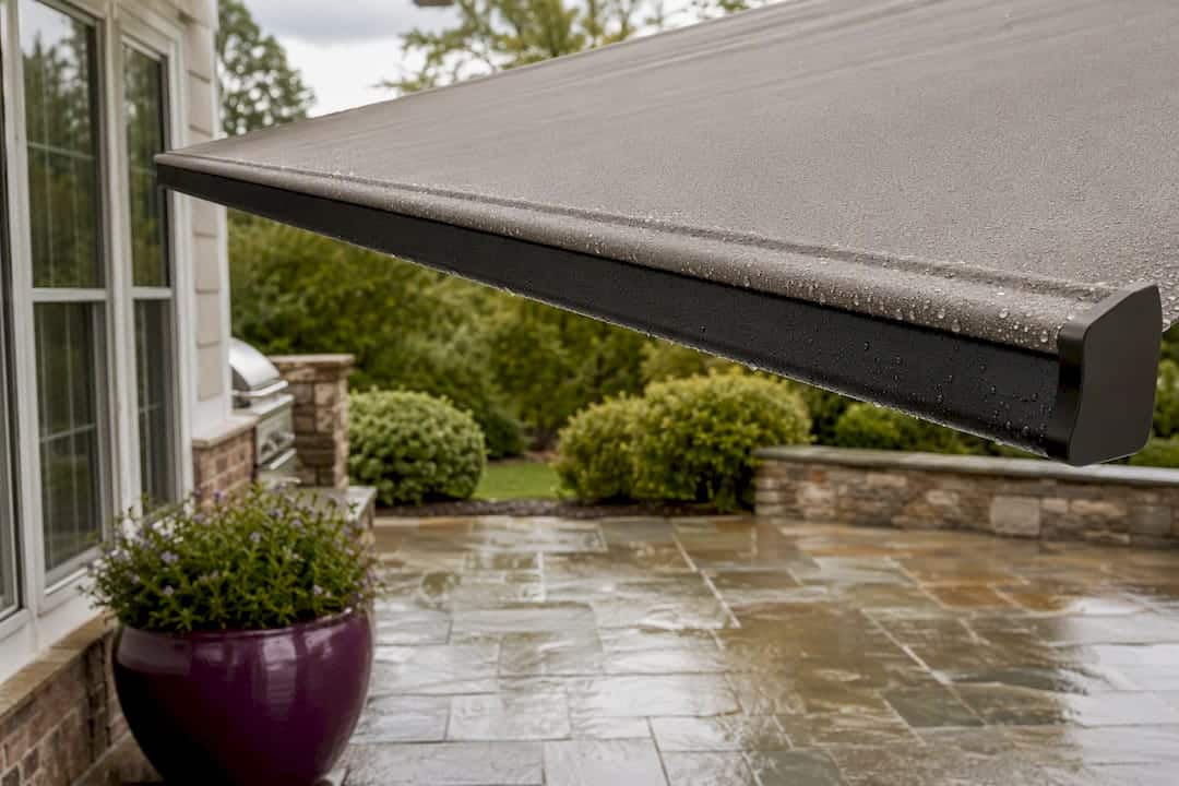 Awning fabric drying after a rain shower