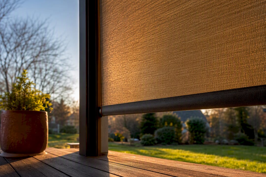 Outdoor shade fabric filtering deck sunlight