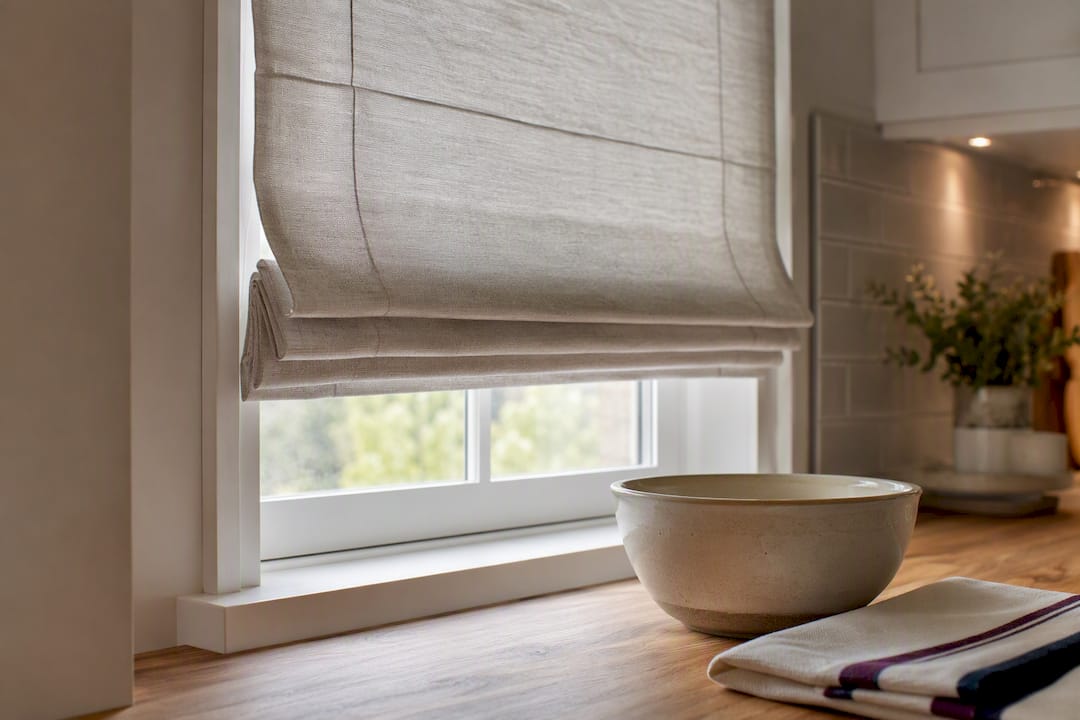 Fabric Roman shade above dry kitchen counter