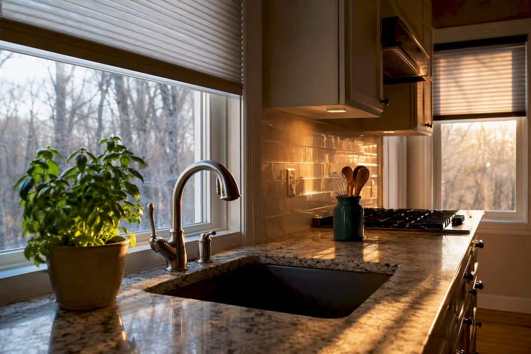 Kitchen sink and stove windows with shades