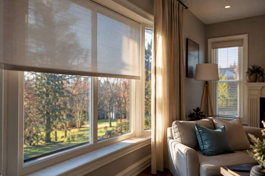 Living room with layered window treatments