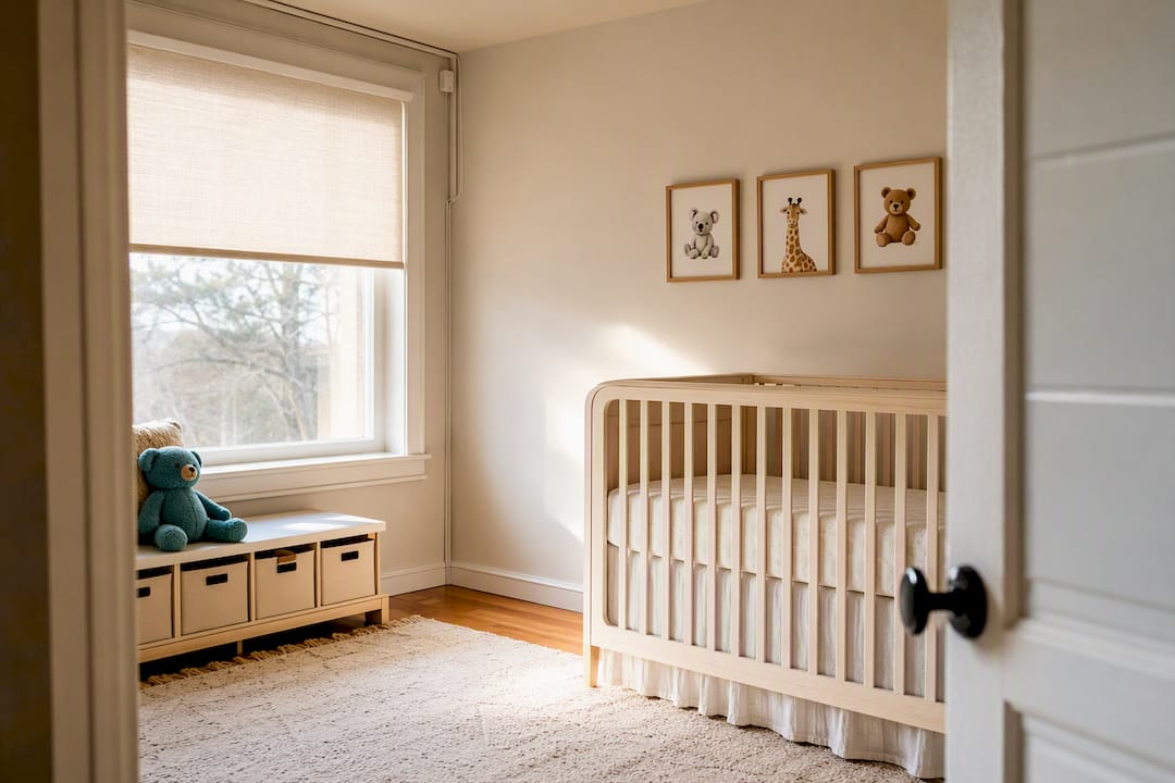 Secured shade cable routed away from crib
