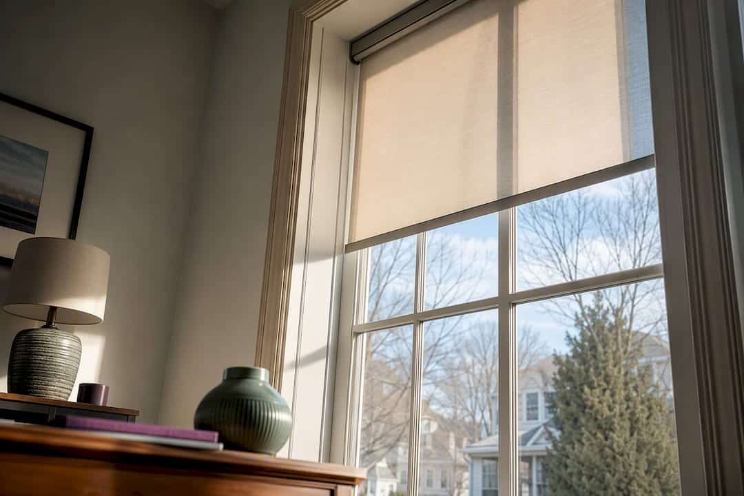 Motorized shade filtering sunlight in home office