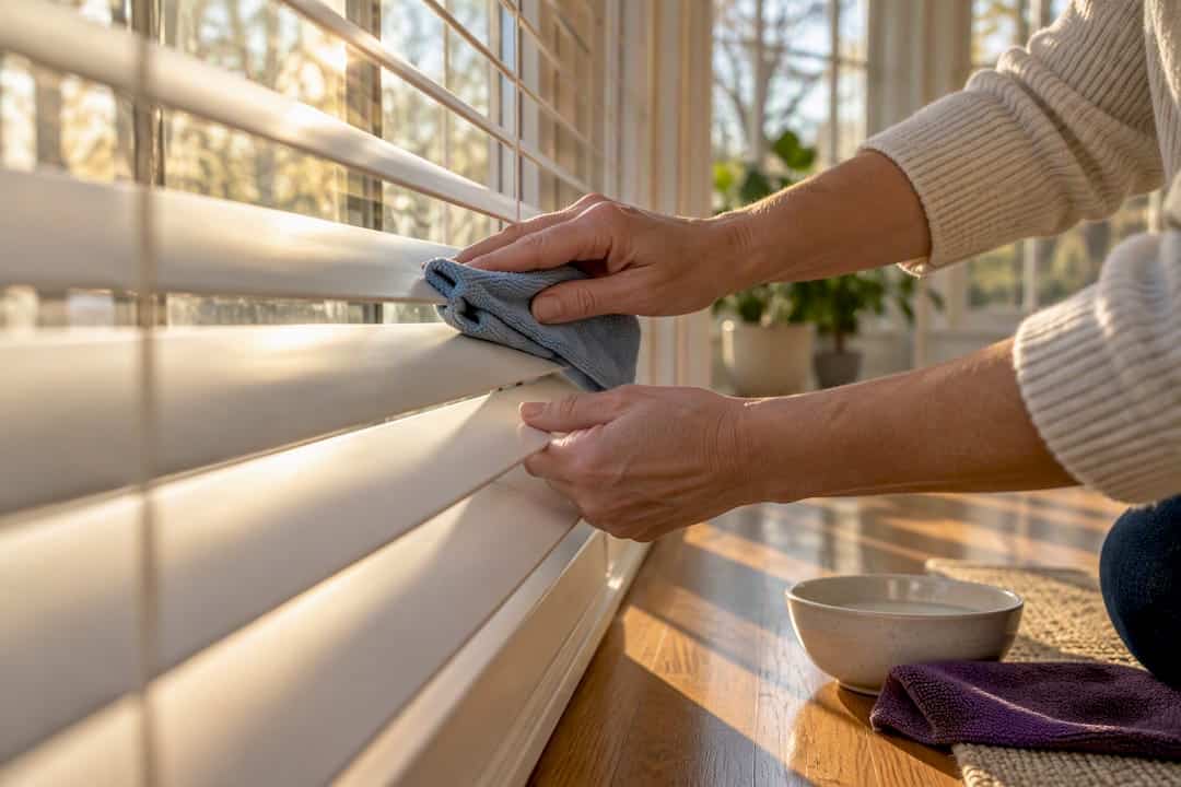 Hands wiping clean window blind slats