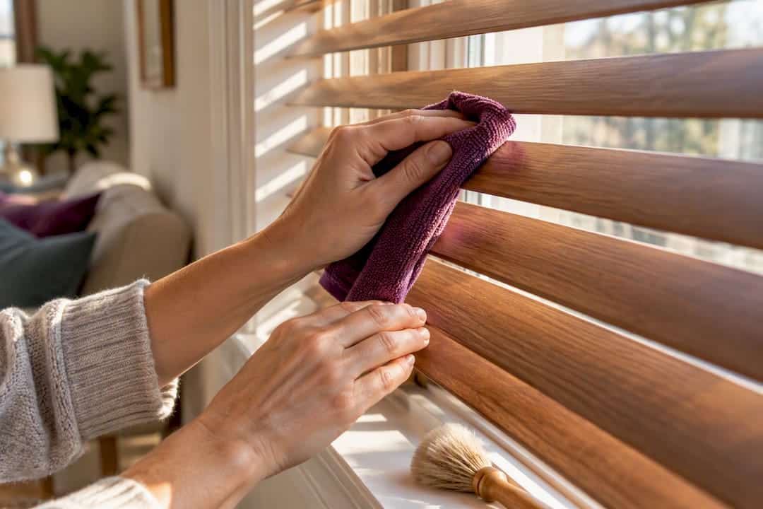 Microfiber cloth cleaning wood blind slats