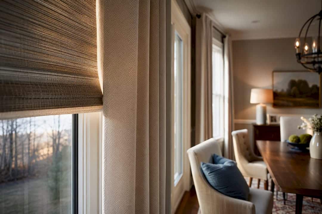 Layered woven shade and drapery detail