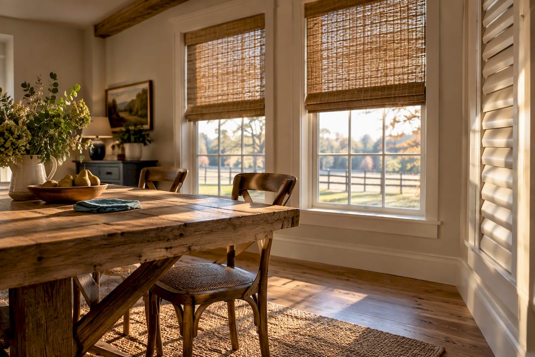 Farmhouse breakfast room with layered window treatments