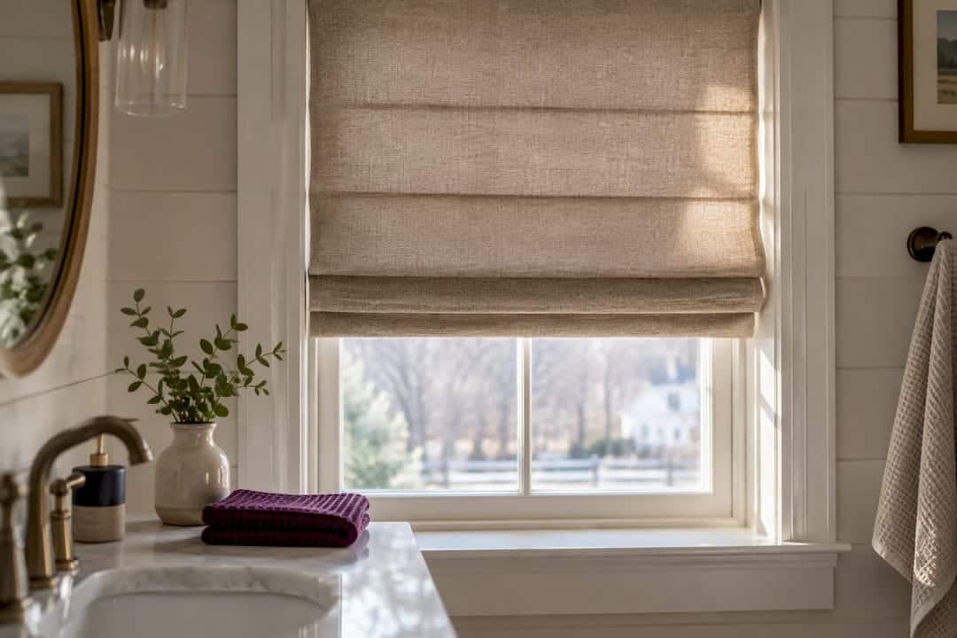 Tailored Roman shade in farmhouse bathroom