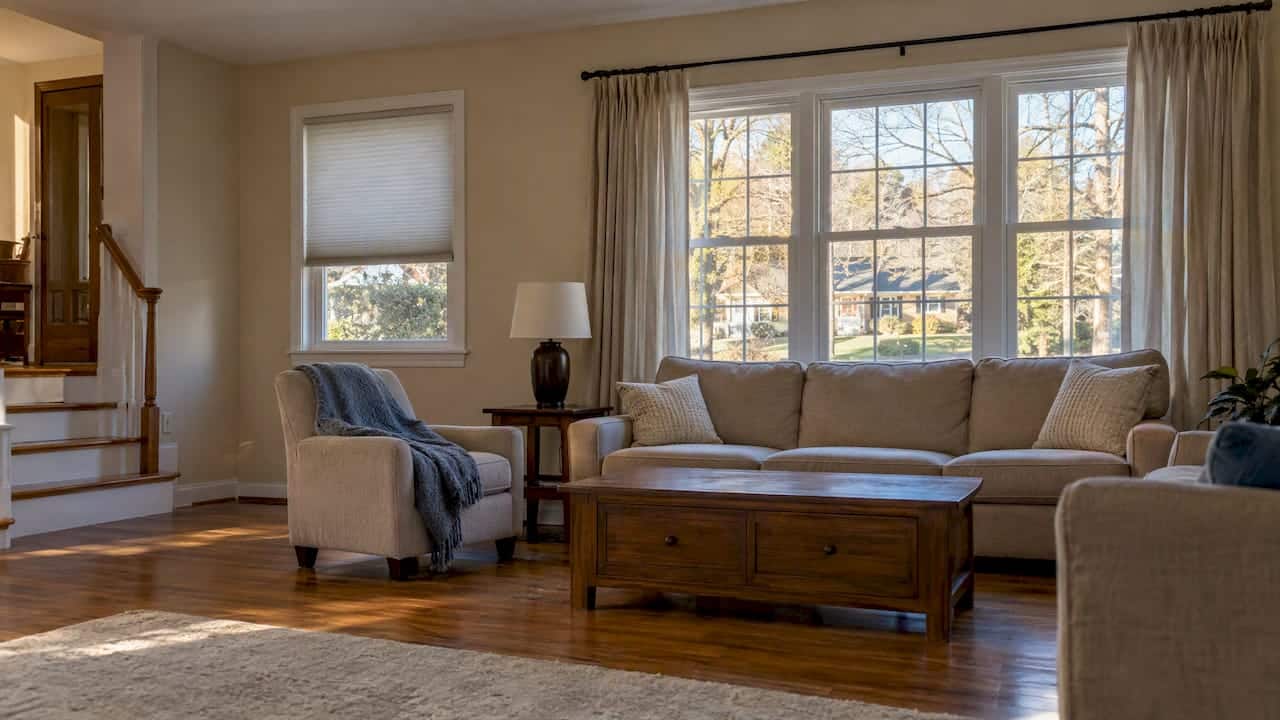 Cellular shade and drapery panels in living room