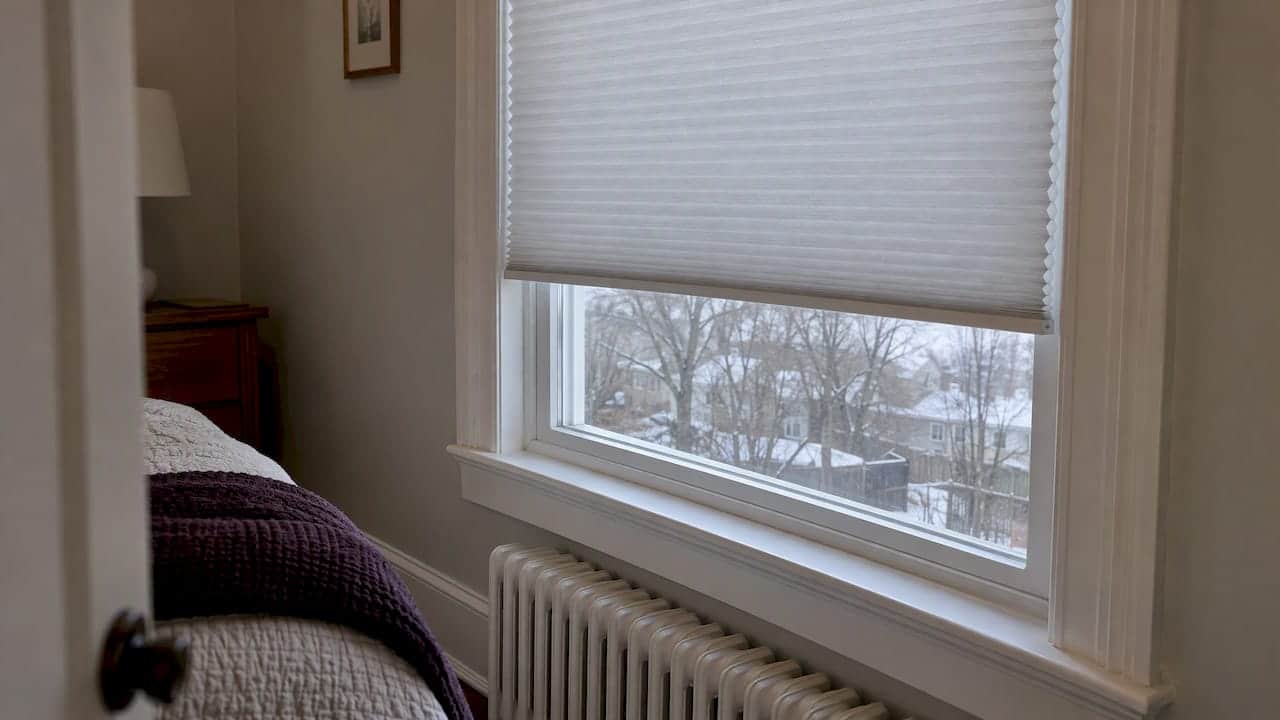 Cellular shade fitted in winter bedroom window