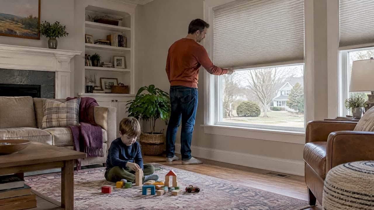 Parent lowers a cordless shade as child plays